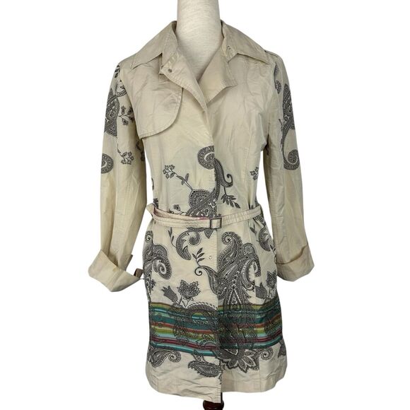 Uli Schneider Jacket Women US 8 Beige Paisley Rainbow Trench Coat Boho - Picture 1 of 12